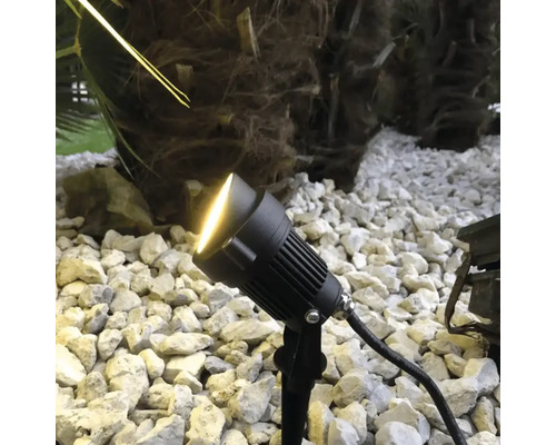 Projecteur de jardin à LED noir avec piquet dans un massif de pierres éclairant une plante avec une lumière chaude.