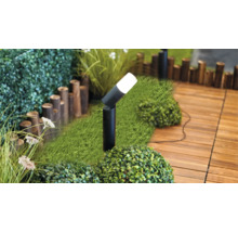 Lampe de jardin noire moderne sur du gazon synthétique près de la terrasse en bois dans un jardin lumineux.