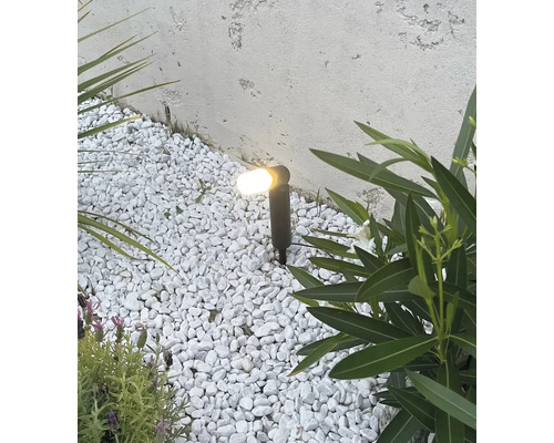 Spot de jardin éclairé avec piquet dans un lit de gravier entre des plantes devant un mur structuré.