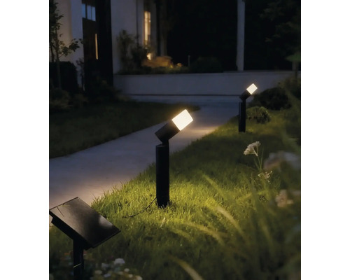 Spots de jardin solaires modernes éclairant un chemin la nuit, montés sur des piquets noirs dans la pelouse.