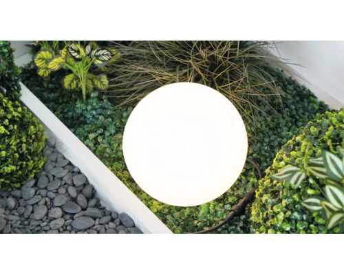 Lampe sphérique lumineuse dans un parterre de jardin avec diverses plantes vertes et des pierres décoratives.