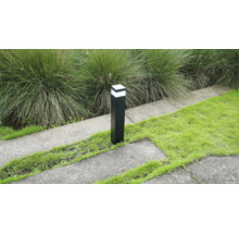 Borne lumineuse moderne noire sur gazon à côté de dalles en béton et graminées.