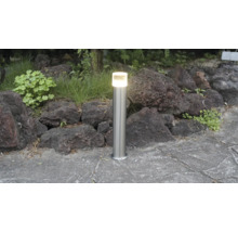 Borne d'éclairage extérieur cylindrique en acier inoxydable sur un chemin de pierre devant une rocaille avec des plantes.