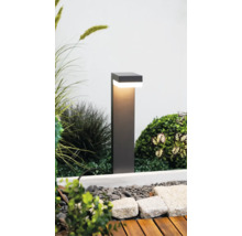 Borne lumineuse LED rectangulaire moderne dans un jardin entre herbes, pierres et terrasse en bois.