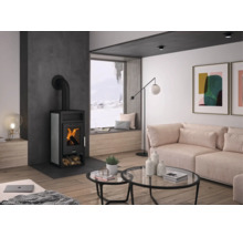 Modernes Wohnzimmer mit Kaminofen, grossem Fenster, hellem Sofa und runden Glastischen auf Holzfussboden.