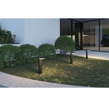Trois bornes lumineuses à LED noires modernes éclairent une pelouse avec des buissons verts devant un bâtiment blanc aux grandes fenêtres.