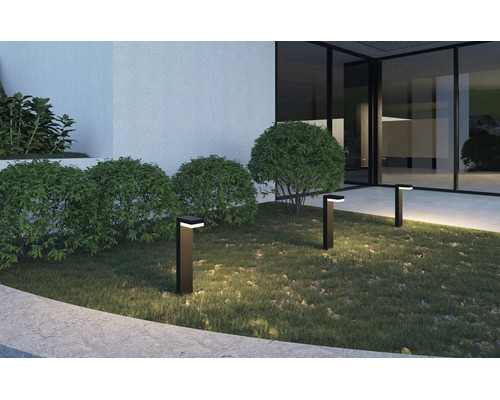 Trois bornes lumineuses à LED noires modernes éclairent une pelouse avec des buissons verts devant un bâtiment blanc aux grandes fenêtres.