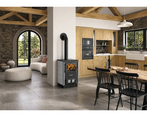 Cuisinière à combustible solide, modèle d'appoint, couleur gris, position sans four, avec plaque de cuisson en acier