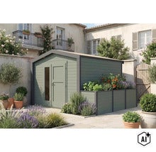 Abri de jardin moderne en bois avec jardinière intégrée et porte double dans une cour méditerranéenne (Image AI modified or generated)