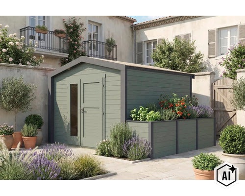 Abri de jardin moderne en bois avec jardinière intégrée et porte double dans une cour méditerranéenne (Image AI modified or generated)