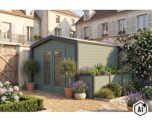 Abri de jardin moderne en bois avec jardinière intégrée dans un jardin aux plantations méditerranéennes et sol en gravier devant une maison. (Image AI modified or generated)