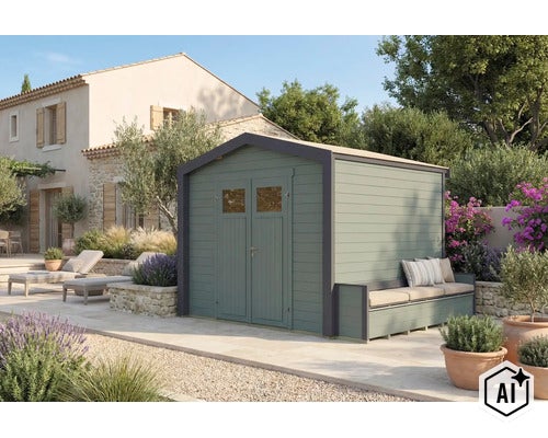 Abri de jardin moderne en bois avec banc intégré dans un jardin ensoleillé devant une maison en pierre avec terrasse. (Image AI modified or generated)