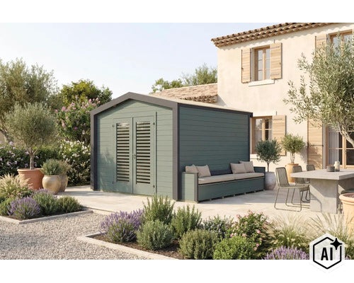 Abri de jardin moderne en bois avec banc intégré sur une terrasse devant une maison dans un cadre de jardin méditerranéen. (Image AI modified or generated)