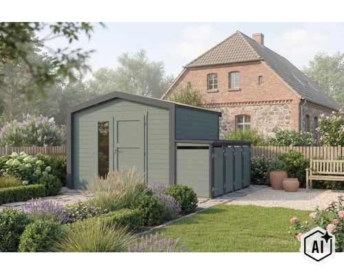 Abri de jardin avec annexe intégrée pour poubelles dans un jardin bien entretenu devant une maison. (Image AI modified or generated)