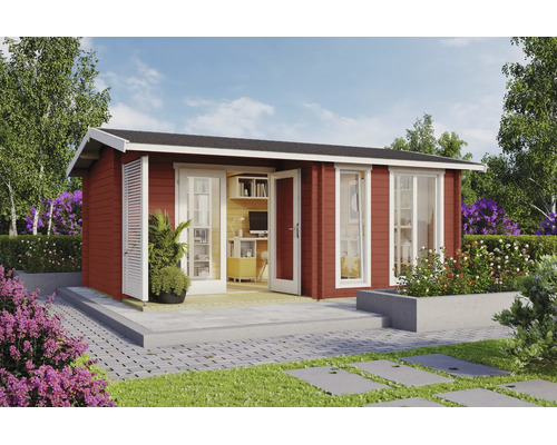 Gartenhaus aus Holz mit Satteldach, Sprossenfenstern und Glastüren, als Gartenbüro eingerichtet in bepflanztem Garten mit gepflasterter Terrasse.