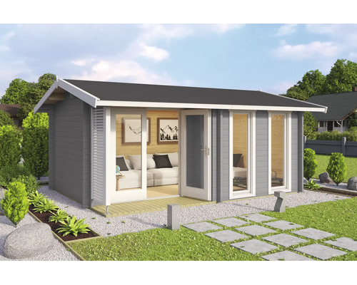 Abri de jardin moderne en bois gris avec toit à deux pans, grandes baies vitrées et terrasse dans un jardin lumineux.