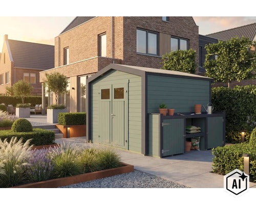 Abri de jardin en bois avec double porte, fenêtres et annexe latérale avec étagères dans un jardin soigné et moderne devant une maison. (Image AI modified or generated)