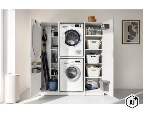 Armoire de buanderie blanche avec lave-linge, sèche-linge, étagères pour produits ménagers et paniers. (Image AI modified or generated)