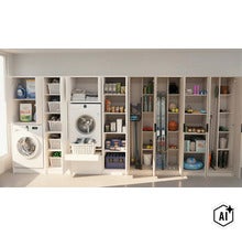 Système d'armoires utilitaires blanches organisées avec lave-linge, sèche-linge, produits de nettoyage et étagères. (Image AI modified or generated)