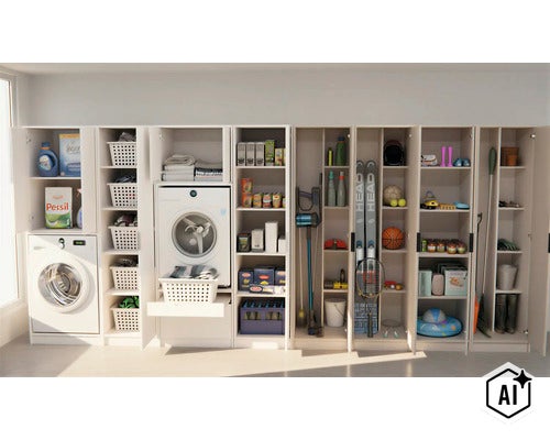 Système d'armoires utilitaires blanches organisées avec lave-linge, sèche-linge, produits de nettoyage et étagères. (Image AI modified or generated)