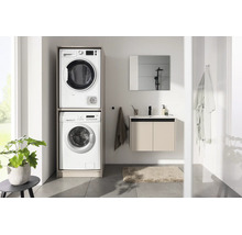 Buanderie moderne avec meuble pour lave-linge et sèche-linge superposés, meuble sous-vasque et miroir.