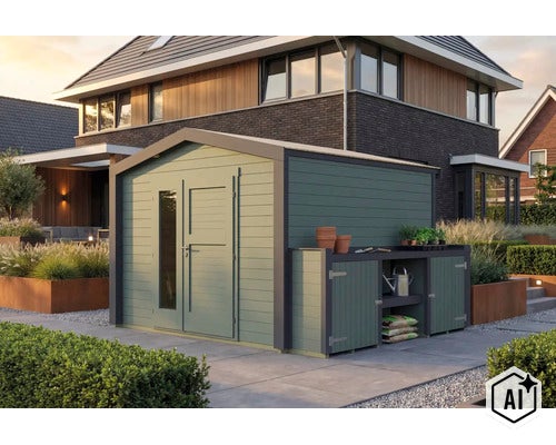 Abri de jardin en bois avec annexe intégrée et étagères dans le jardin d une maison moderne en briques. (Image AI modified or generated)