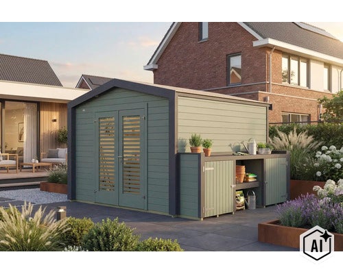Abri de jardin moderne en bois avec portes doubles et appentis intégré pour le rangement des outils de jardin. (Image AI modified or generated)