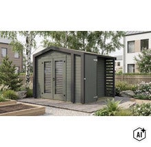 Abri de jardin moderne en bois avec double porte, fenêtres et annexe intégrée sur une terrasse en bois dans un jardin. (Image AI modified or generated)
