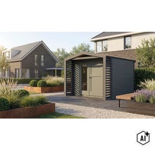 Abri de jardin moderne avec porte double et parois latérales à lattes dans un jardin entretenu avec jardinières en acier corten et dalles. (Image AI modified or generated)