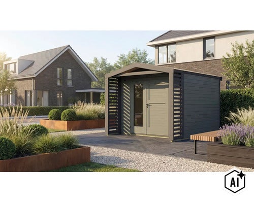 Abri de jardin moderne avec porte double et parois latérales à lattes dans un jardin entretenu avec jardinières en acier corten et dalles. (Image AI modified or generated)