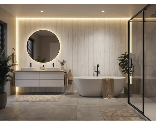 Salle de bains moderne avec miroir rond rétroéclairé, meuble double vasque blanc, baignoire îlot et douche vitrée. Panneaux muraux aspect bois.