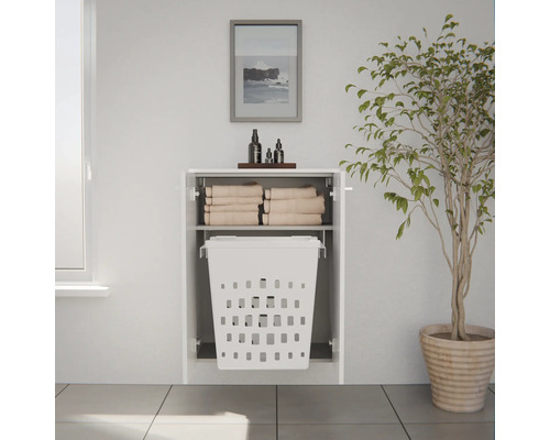 Meuble de salle de bain suspendu avec panier à linge intégré, deux portes ouvertes et serviettes dans le compartiment supérieur.