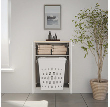Meuble à linge mural blanc avec panier à linge intégré et étagère pour serviettes dans une salle de bain moderne.
