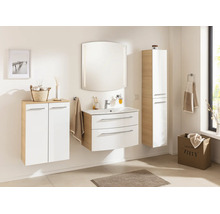 Ensemble de meubles de salle de bain moderne aspect bois et blanc avec lavabo, miroir LED, armoire haute et armoire d'appoint.