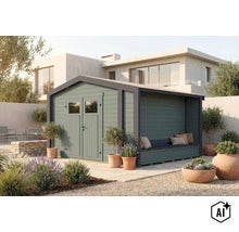 Abri de jardin moderne en bois avec double porte et auvent intégré incluant un banc dans un jardin bien entretenu au design méditerranéen. (Image AI modified or generated)