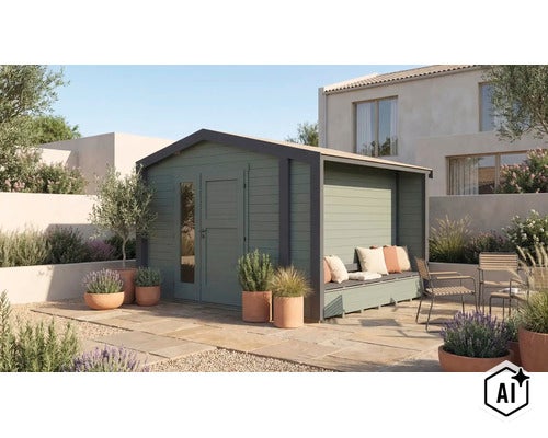 Abri de jardin moderne en bois avec banc intégré et terrasse couverte dans un jardin soigné avec des plantes méditerranéennes. (Image AI modified or generated)
