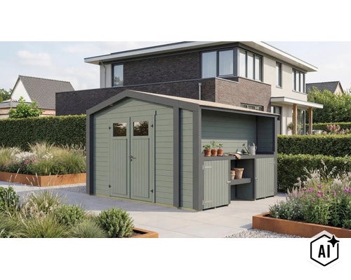Abri de jardin en bois avec appentis intégré et double porte, installé dans un jardin moderne devant une maison. (Image AI modified or generated)
