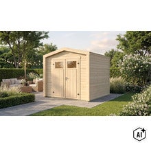 Abri de jardin en bois avec porte double et fenêtres sur une terrasse dans un jardin. (Image AI modified or generated)