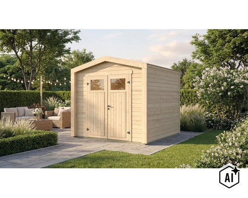 Abri de jardin en bois avec porte double et fenêtres sur une terrasse dans un jardin. (Image AI modified or generated)