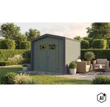 Abri de jardin en bois avec porte double et fenêtres dans un jardin avec coin salon et brasero. (Image AI modified or generated)