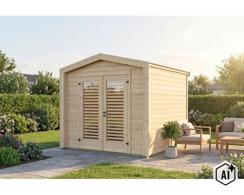 Un abri de jardin en bois clair avec un toit à deux pans et une double porte avec fenêtres à lamelles sur une terrasse dans un jardin. (Image AI modified or generated)