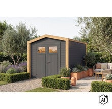 Abri de jardin moderne en bois avec double porte et fenêtres dans un jardin soigné avec coin salon et jardinières. (Image AI modified or generated)