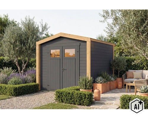 Abri de jardin moderne en bois avec double porte et fenêtres dans un jardin soigné avec coin salon et jardinières. (Image AI modified or generated)