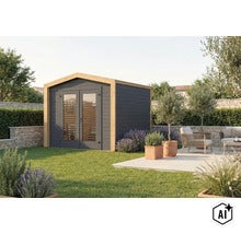 Abri de jardin moderne en bois avec doubles portes et grandes fenêtres, situé dans un jardin soigné avec terrasse et plantes méditerranéennes. (Image AI modified or generated)