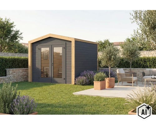 Abri de jardin moderne en bois avec doubles portes et grandes fenêtres, situé dans un jardin soigné avec terrasse et plantes méditerranéennes. (Image AI modified or generated)