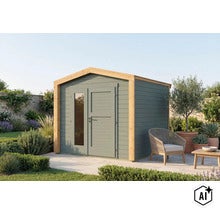Abri de jardin moderne en bois avec toit à deux pans et double porte vitrée dans un jardin bien entretenu sur une terrasse. (Image AI modified or generated)