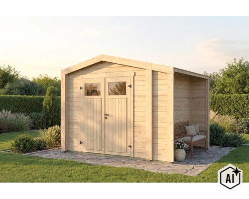 Abri de jardin en bois avec porte double et extension latérale placé sur une terrasse dans le jardin. (Image AI modified or generated)