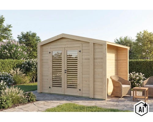 Abri de jardin en bois avec porte double et appentis latéral dans un jardin avec terrasse et mobilier de jardin. (Image AI modified or generated)