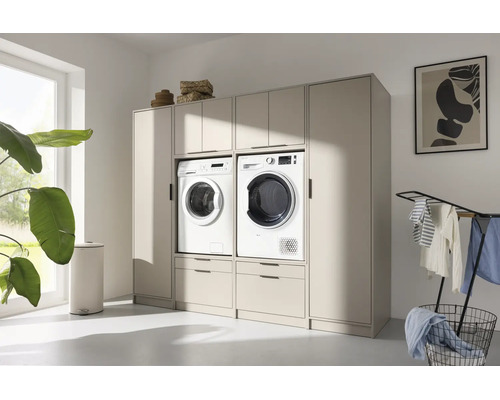 Armoire de buanderie modulaire pour lave-linge et sèche-linge dans une pièce moderne et lumineuse.