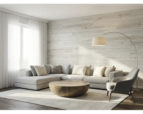 Panneaux muraux aspect bois dans un salon moderne et lumineux avec canapé d'angle et table basse ronde.